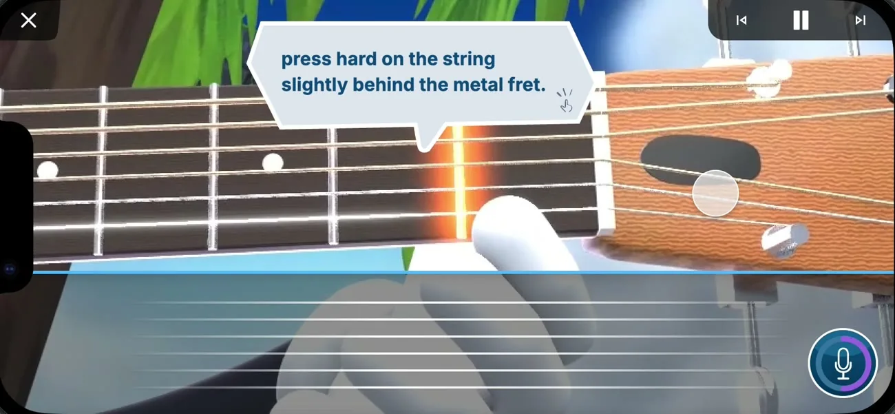 Fretboard: press hard slightly behind the metal fret