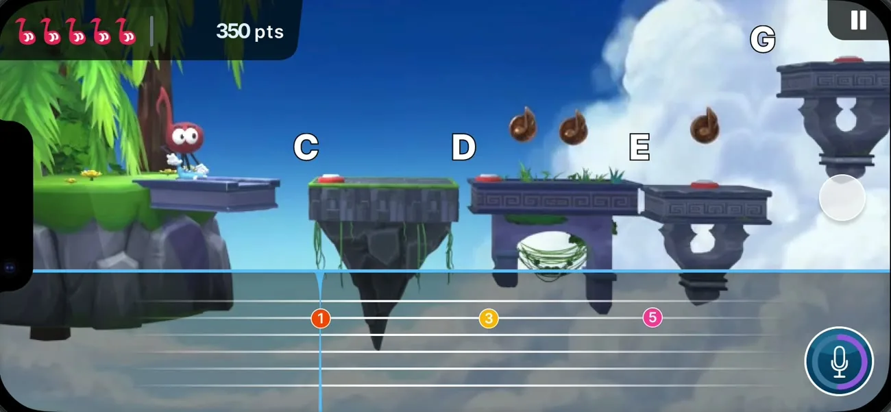 Normal gameplay: platforms C, D, E and a tab with frets 1, 3 and 5