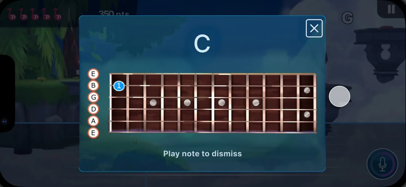 Note card: C, fretboard with B string fret 1, Play note to dismiss