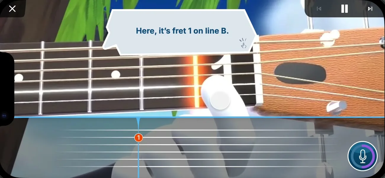 Here, it's fret 1 on line B, fret glowing on Notey's guitar