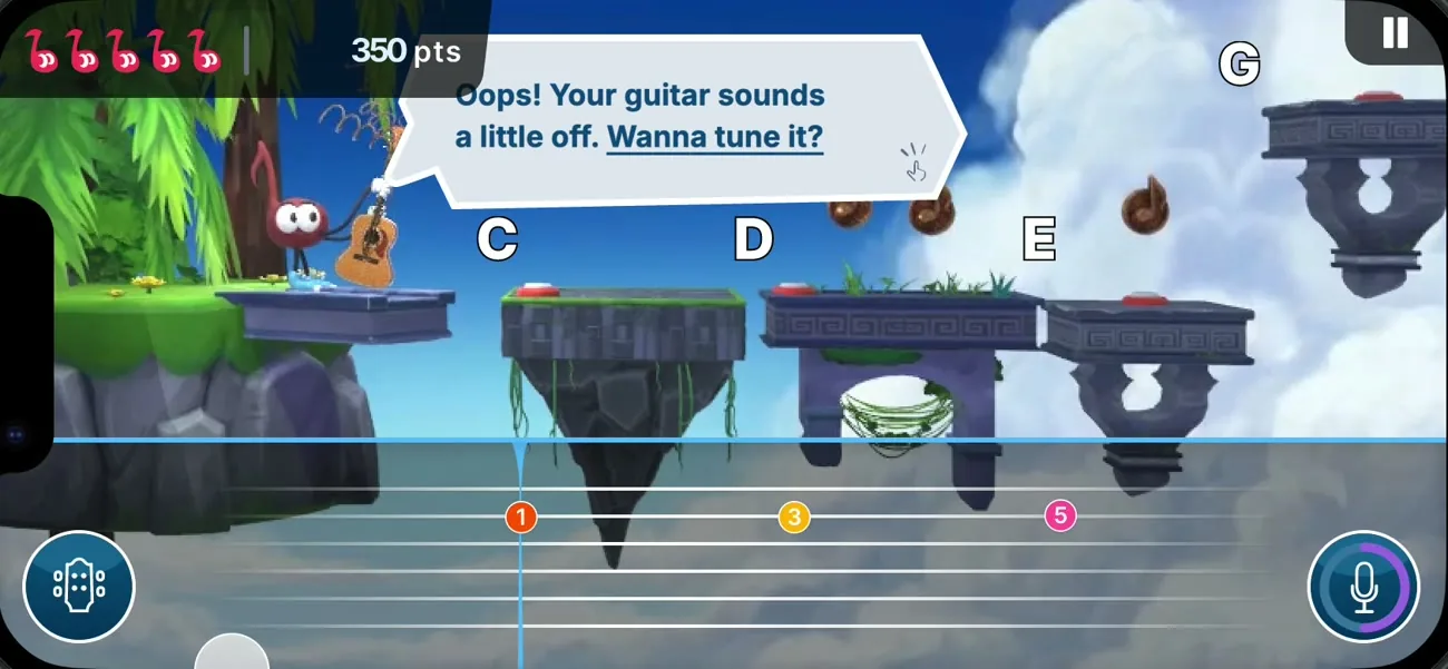 Oops! Your guitar sounds a little off. Wanna tune it? with a tuner button