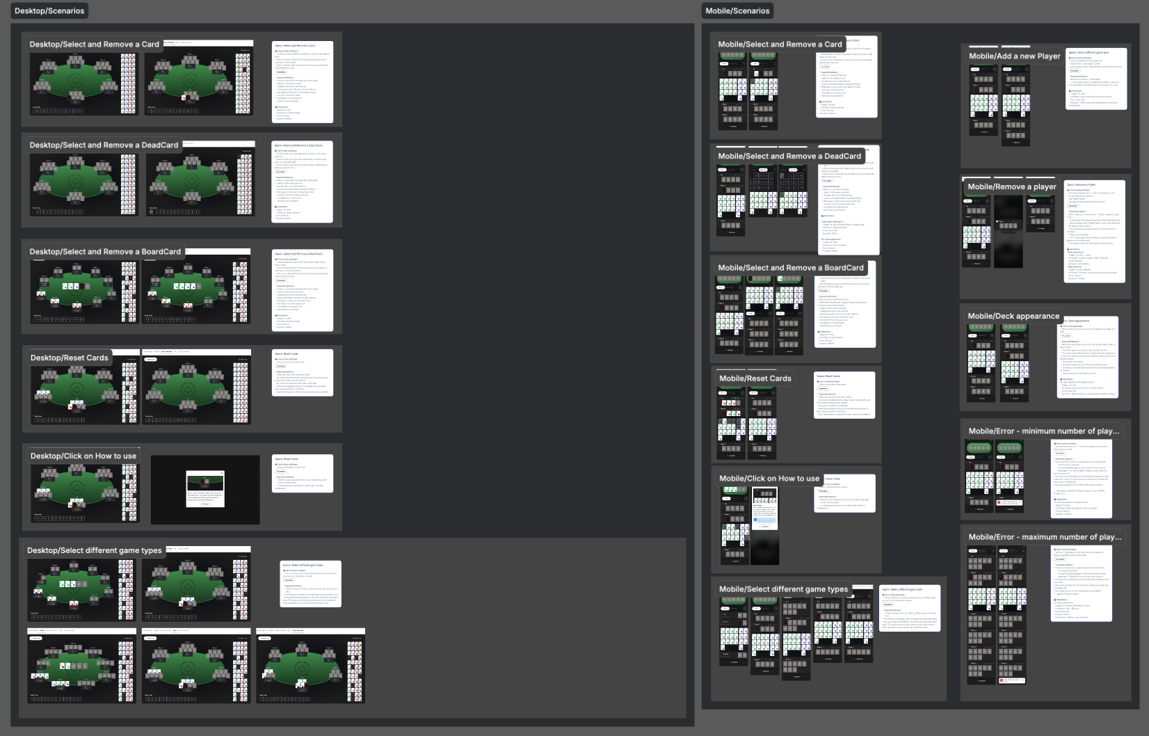 Full spec delivered per platform (desktop + mobile) alongside interactive Figma prototypes with "Play prototype" links per scenario.